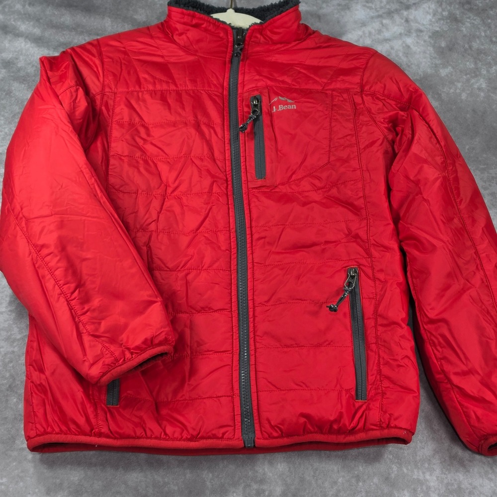 L.L. Bean Puffer Jacket Kids M Red Excellent Reversible Fleece Lined Quilted